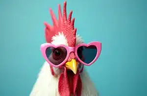 A rooster, yes a white chicken with a red comb rockin a pair of hot pink heart sunglasses.